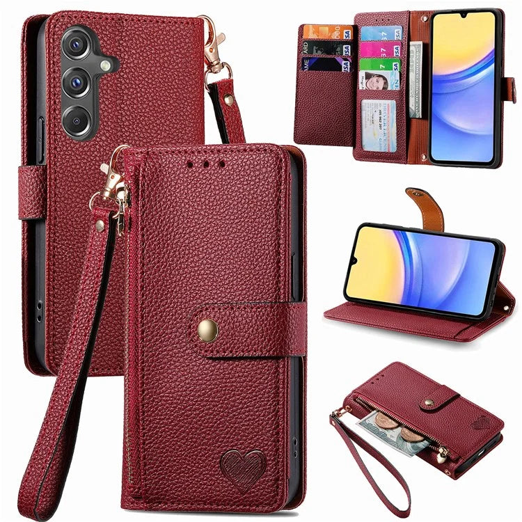 For Samsung Galaxy A15 4G / 5G Phone Case Heart Pattern Leather RFID Blocking Cover