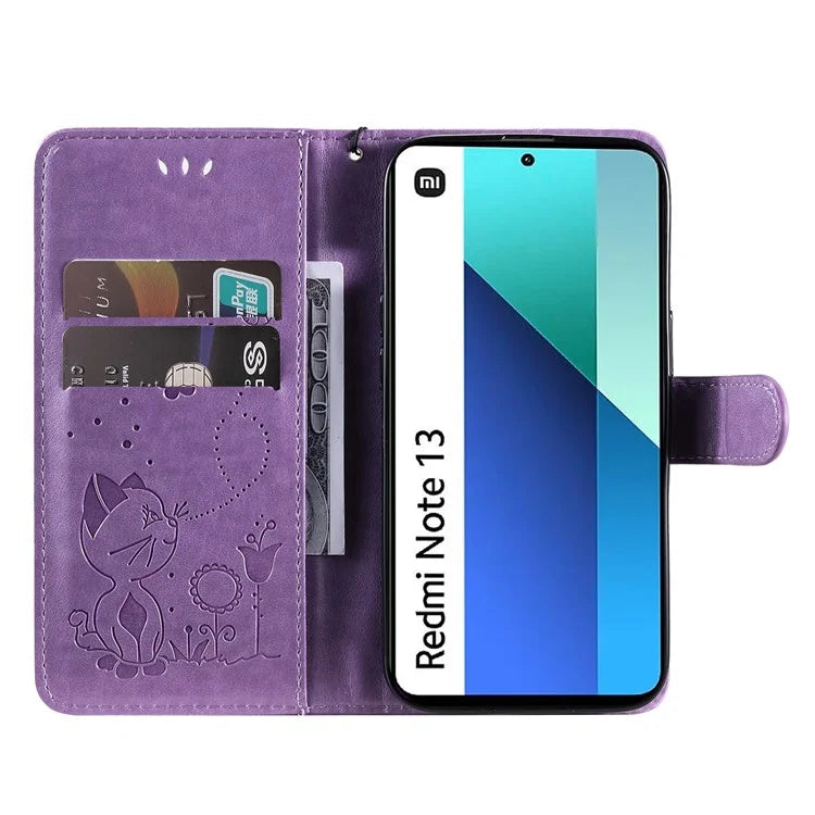 KT Imprinting Flower Series-4 For Xiaomi Redmi Note 13 4G Leather Phone Case Cat Bee Pattern