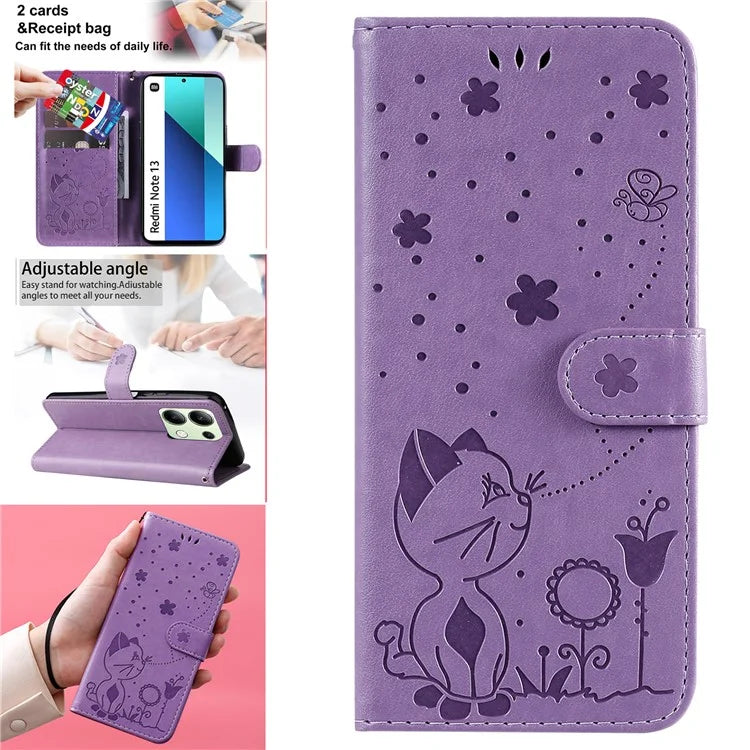KT Imprinting Flower Series-4 For Xiaomi Redmi Note 13 4G Leather Phone Case Cat Bee Pattern
