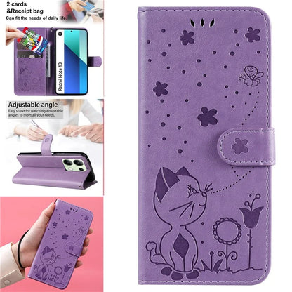 KT Imprinting Flower Series-4 For Xiaomi Redmi Note 13 4G Leather Phone Case Cat Bee Pattern
