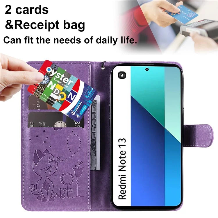 KT Imprinting Flower Series-4 For Xiaomi Redmi Note 13 4G Leather Phone Case Cat Bee Pattern