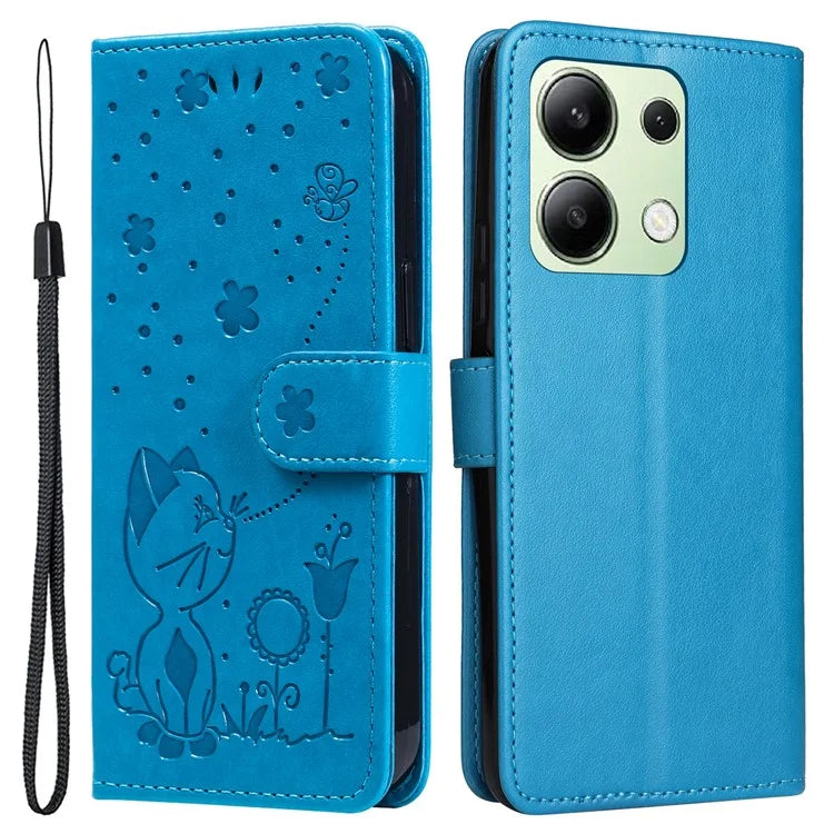 KT Imprinting Flower Series-4 For Xiaomi Redmi Note 13 4G Leather Phone Case Cat Bee Pattern