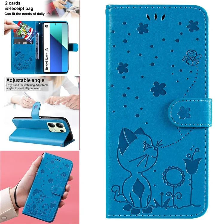 KT Imprinting Flower Series-4 For Xiaomi Redmi Note 13 4G Leather Phone Case Cat Bee Pattern