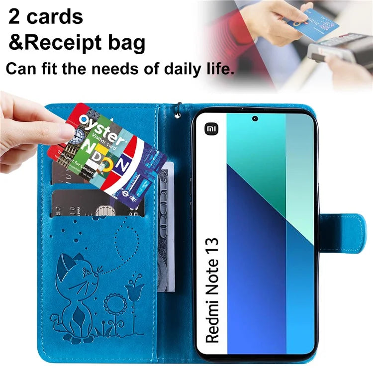 KT Imprinting Flower Series-4 For Xiaomi Redmi Note 13 4G Leather Phone Case Cat Bee Pattern
