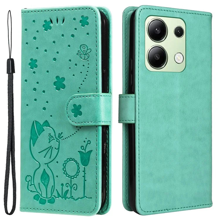 KT Imprinting Flower Series-4 For Xiaomi Redmi Note 13 4G Leather Phone Case Cat Bee Pattern