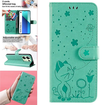 KT Imprinting Flower Series-4 For Xiaomi Redmi Note 13 4G Leather Phone Case Cat Bee Pattern