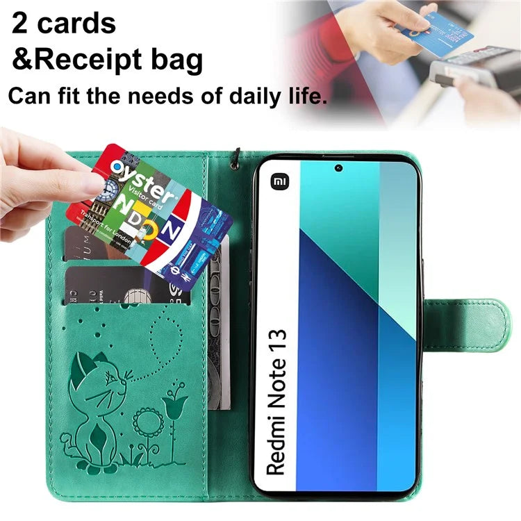 KT Imprinting Flower Series-4 For Xiaomi Redmi Note 13 4G Leather Phone Case Cat Bee Pattern