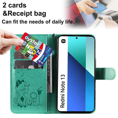 KT Imprinting Flower Series-4 For Xiaomi Redmi Note 13 4G Leather Phone Case Cat Bee Pattern
