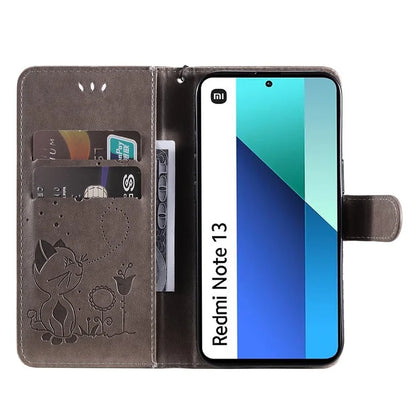 KT Imprinting Flower Series-4 For Xiaomi Redmi Note 13 4G Leather Phone Case Cat Bee Pattern