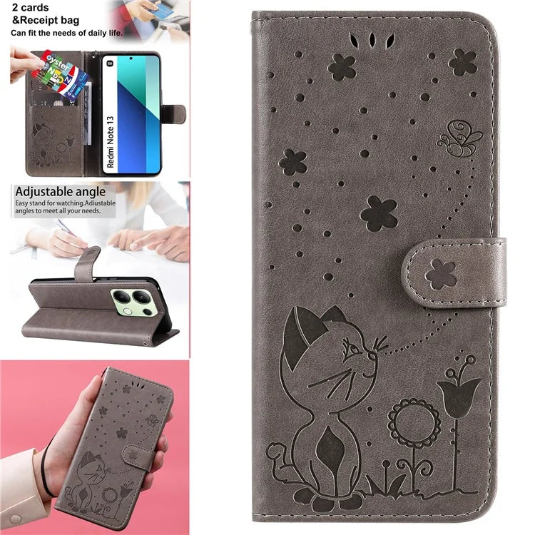 KT Imprinting Flower Series-4 For Xiaomi Redmi Note 13 4G Leather Phone Case Cat Bee Pattern