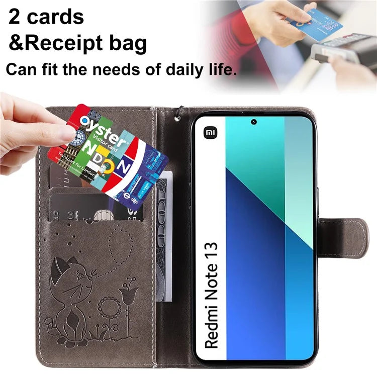 KT Imprinting Flower Series-4 For Xiaomi Redmi Note 13 4G Leather Phone Case Cat Bee Pattern