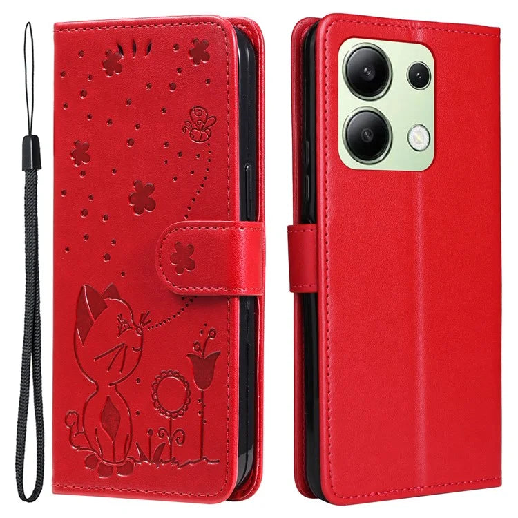 KT Imprinting Flower Series-4 For Xiaomi Redmi Note 13 4G Leather Phone Case Cat Bee Pattern