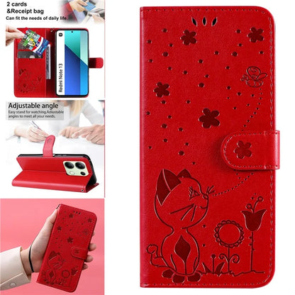 KT Imprinting Flower Series-4 For Xiaomi Redmi Note 13 4G Leather Phone Case Cat Bee Pattern