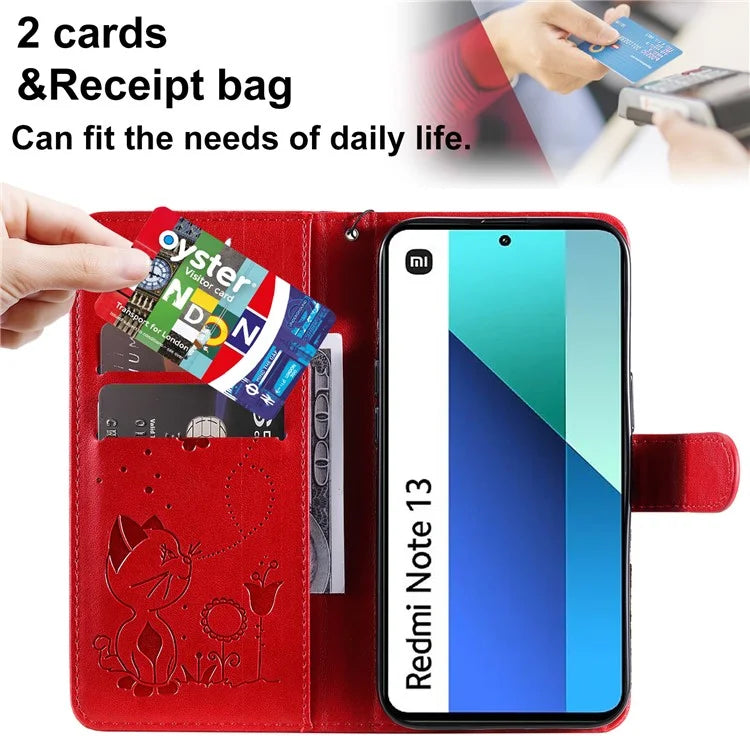 KT Imprinting Flower Series-4 For Xiaomi Redmi Note 13 4G Leather Phone Case Cat Bee Pattern