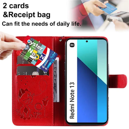 KT Imprinting Flower Series-4 For Xiaomi Redmi Note 13 4G Leather Phone Case Cat Bee Pattern