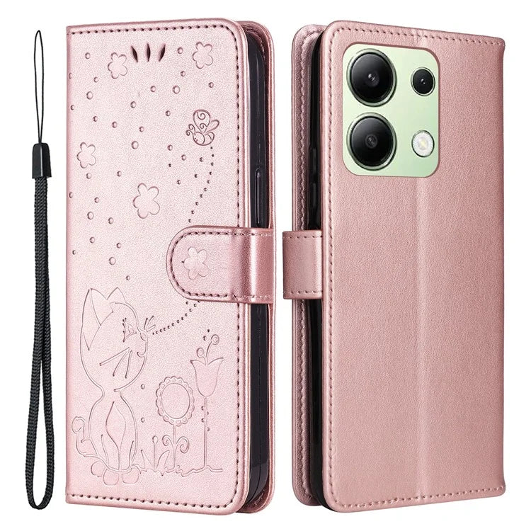 KT Imprinting Flower Series-4 For Xiaomi Redmi Note 13 4G Leather Phone Case Cat Bee Pattern