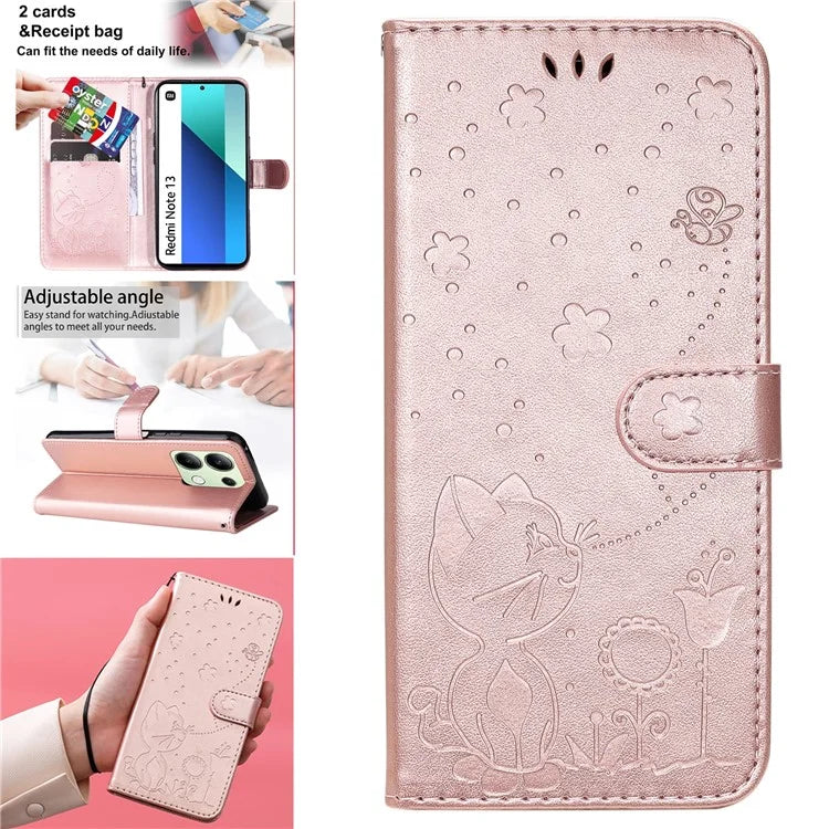 KT Imprinting Flower Series-4 For Xiaomi Redmi Note 13 4G Leather Phone Case Cat Bee Pattern