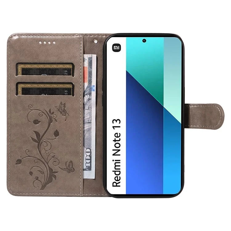 For Xiaomi Redmi Note 13 4G Leather Case Flower Butterfly Imprinted Wallet Phone Cover