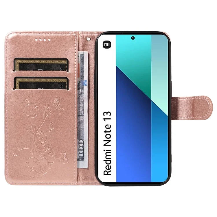 For Xiaomi Redmi Note 13 4G Leather Case Flower Butterfly Imprinted Wallet Phone Cover