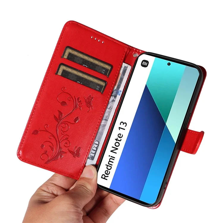 For Xiaomi Redmi Note 13 4G Leather Case Flower Butterfly Imprinted Wallet Phone Cover
