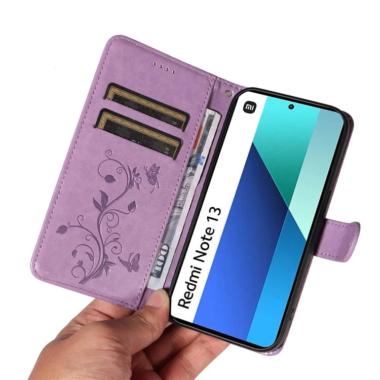 For Xiaomi Redmi Note 13 4G Leather Case Flower Butterfly Imprinted Wallet Phone Cover