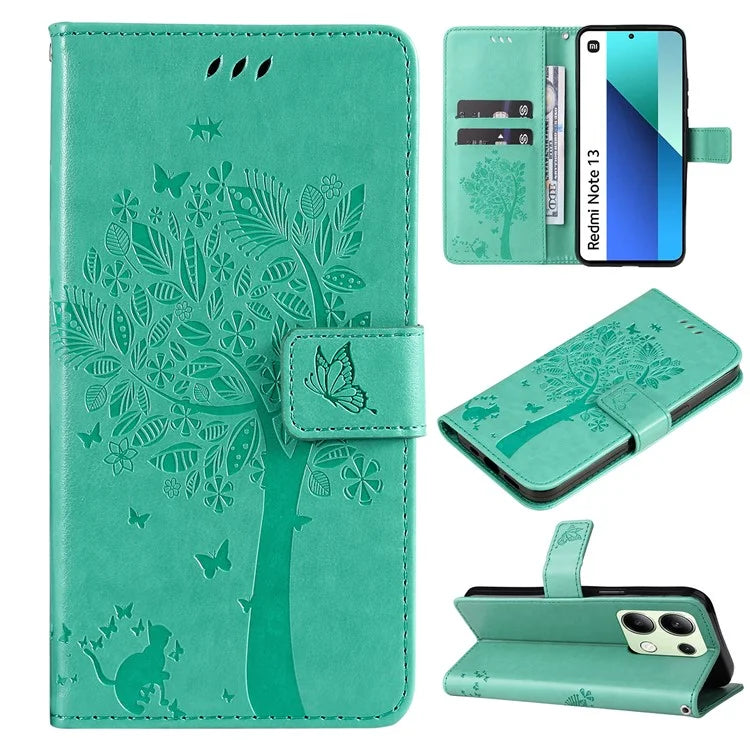 KT Imprinting Flower Series-3 For Xiaomi Redmi Note 13 4G Wallet Phone Case Cat Tree Pattern