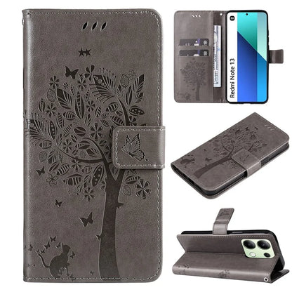 KT Imprinting Flower Series-3 For Xiaomi Redmi Note 13 4G Wallet Phone Case Cat Tree Pattern