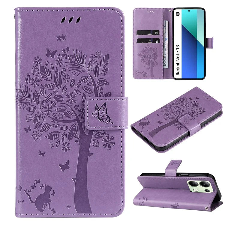 KT Imprinting Flower Series-3 For Xiaomi Redmi Note 13 4G Wallet Phone Case Cat Tree Pattern