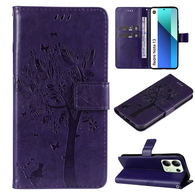 KT Imprinting Flower Series-3 For Xiaomi Redmi Note 13 4G Wallet Phone Case Cat Tree Pattern