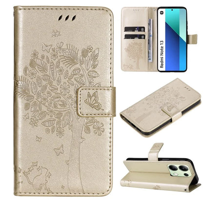 KT Imprinting Flower Series-3 For Xiaomi Redmi Note 13 4G Wallet Phone Case Cat Tree Pattern