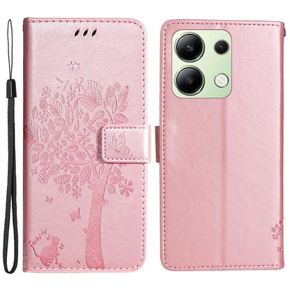KT Imprinting Flower Series-3 For Xiaomi Redmi Note 13 4G Wallet Phone Case Cat Tree Pattern Gold