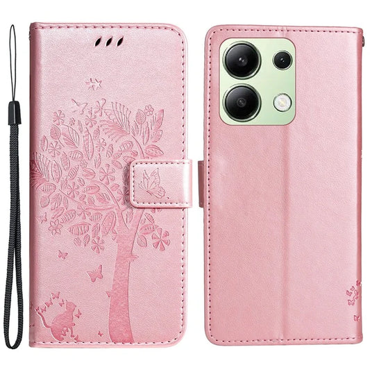 KT Imprinting Flower Series-3 For Xiaomi Redmi Note 13 4G Wallet Phone Case Cat Tree Pattern Gold