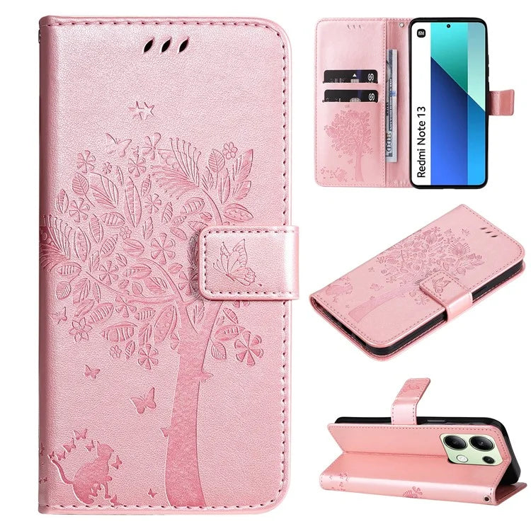 KT Imprinting Flower Series-3 For Xiaomi Redmi Note 13 4G Wallet Phone Case Cat Tree Pattern Gold