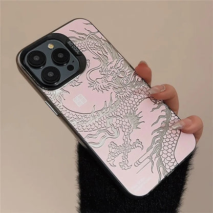 For Phone 14 Pro Max Back Case Chinese Dragon Laser Pattern PC+TPU Phone Protective Cover  /  Pink