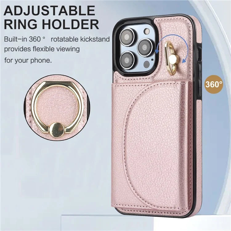 For iPhone 15 Pro Max Cell Phone Case RFID Blocking Card Bag Scratch Proof PU+TPU Cover