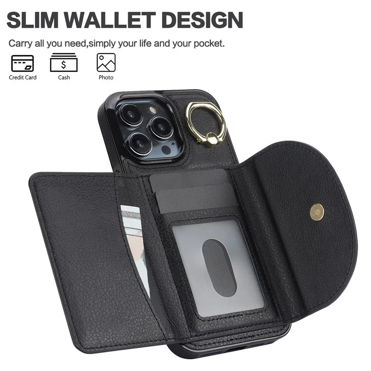 For iPhone 15 Pro Max Cell Phone Case RFID Blocking Card Bag Scratch Proof PU+TPU Cover