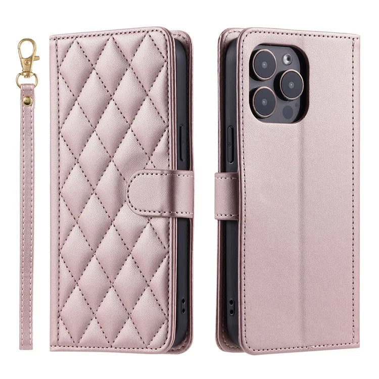 For iPhone 15 Pro Leather Case with Strap Wallet Phone Cover Rhombus Grid Pattern