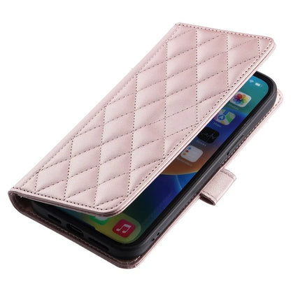 For iPhone 15 Pro Leather Case with Strap Wallet Phone Cover Rhombus Grid Pattern