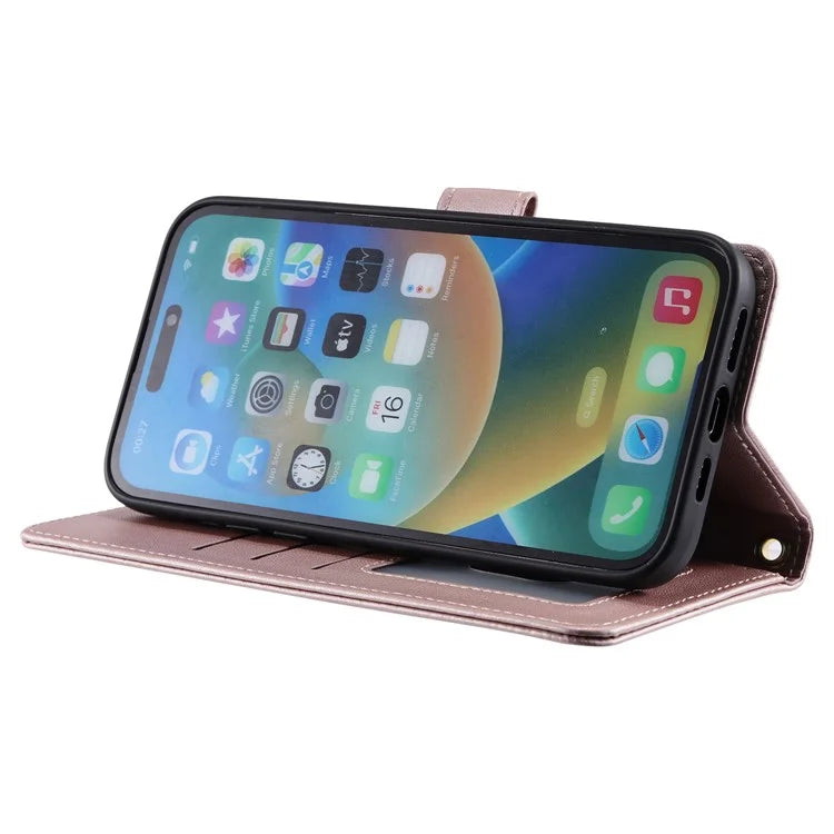 For iPhone 15 Pro Leather Case with Strap Wallet Phone Cover Rhombus Grid Pattern