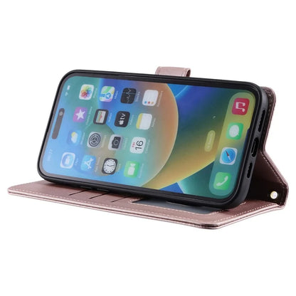 For iPhone 15 Pro Leather Case with Strap Wallet Phone Cover Rhombus Grid Pattern