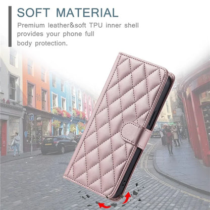 For iPhone 15 Pro Leather Case with Strap Wallet Phone Cover Rhombus Grid Pattern