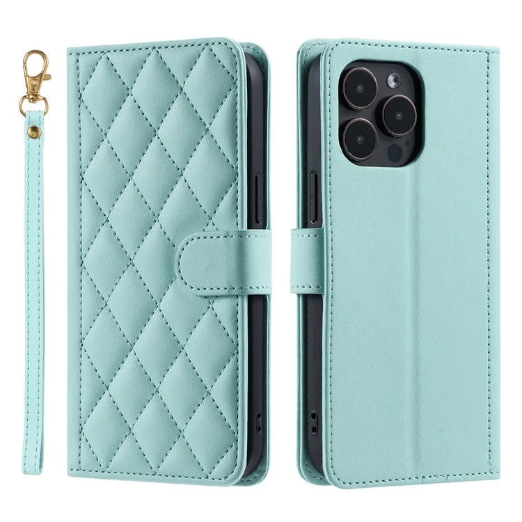 For iPhone 15 Pro Leather Case with Strap Wallet Phone Cover Rhombus Grid Pattern