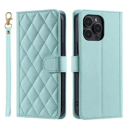 For iPhone 15 Pro Leather Case with Strap Wallet Phone Cover Rhombus Grid Pattern