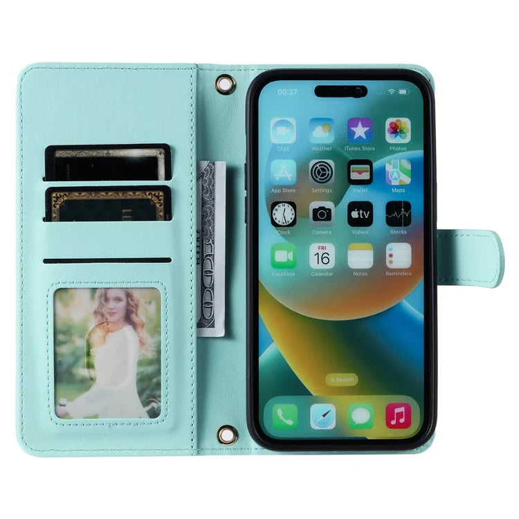 For iPhone 15 Pro Leather Case with Strap Wallet Phone Cover Rhombus Grid Pattern
