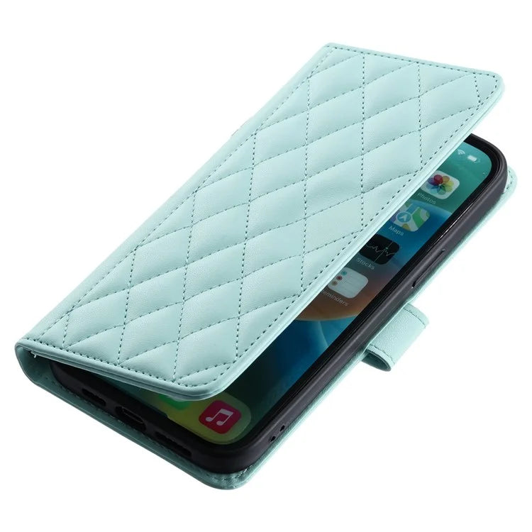 For iPhone 15 Pro Leather Case with Strap Wallet Phone Cover Rhombus Grid Pattern