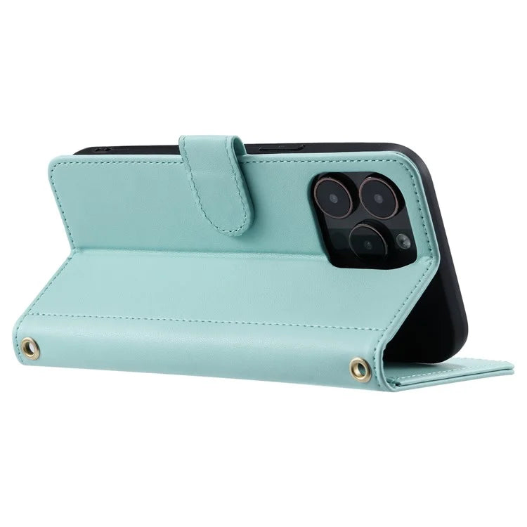 For iPhone 15 Pro Leather Case with Strap Wallet Phone Cover Rhombus Grid Pattern