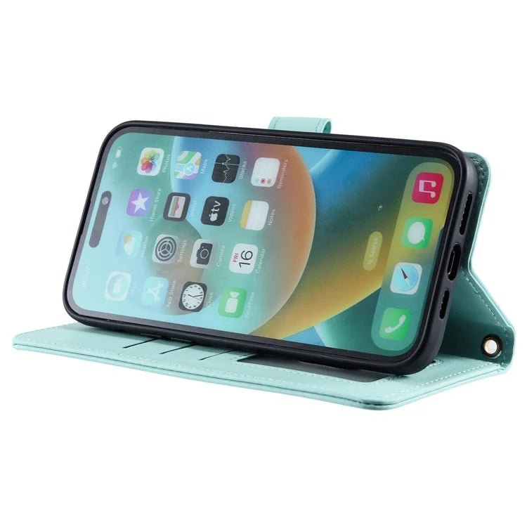 For iPhone 15 Pro Leather Case with Strap Wallet Phone Cover Rhombus Grid Pattern
