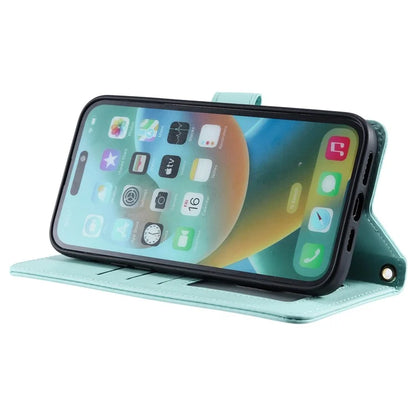 For iPhone 15 Pro Leather Case with Strap Wallet Phone Cover Rhombus Grid Pattern