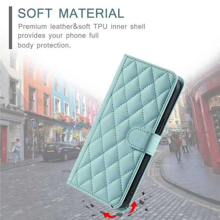For iPhone 15 Pro Leather Case with Strap Wallet Phone Cover Rhombus Grid Pattern