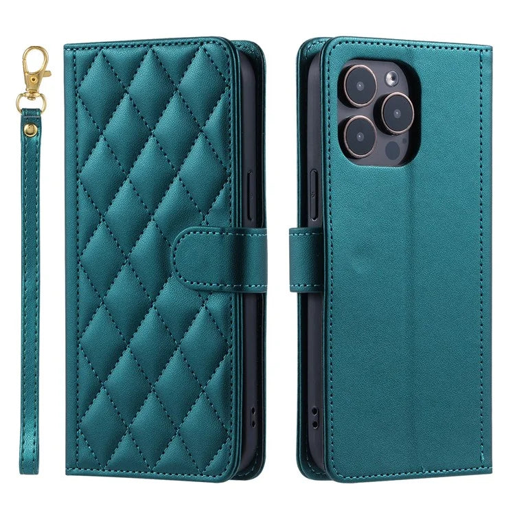 For iPhone 15 Pro Leather Case with Strap Wallet Phone Cover Rhombus Grid Pattern